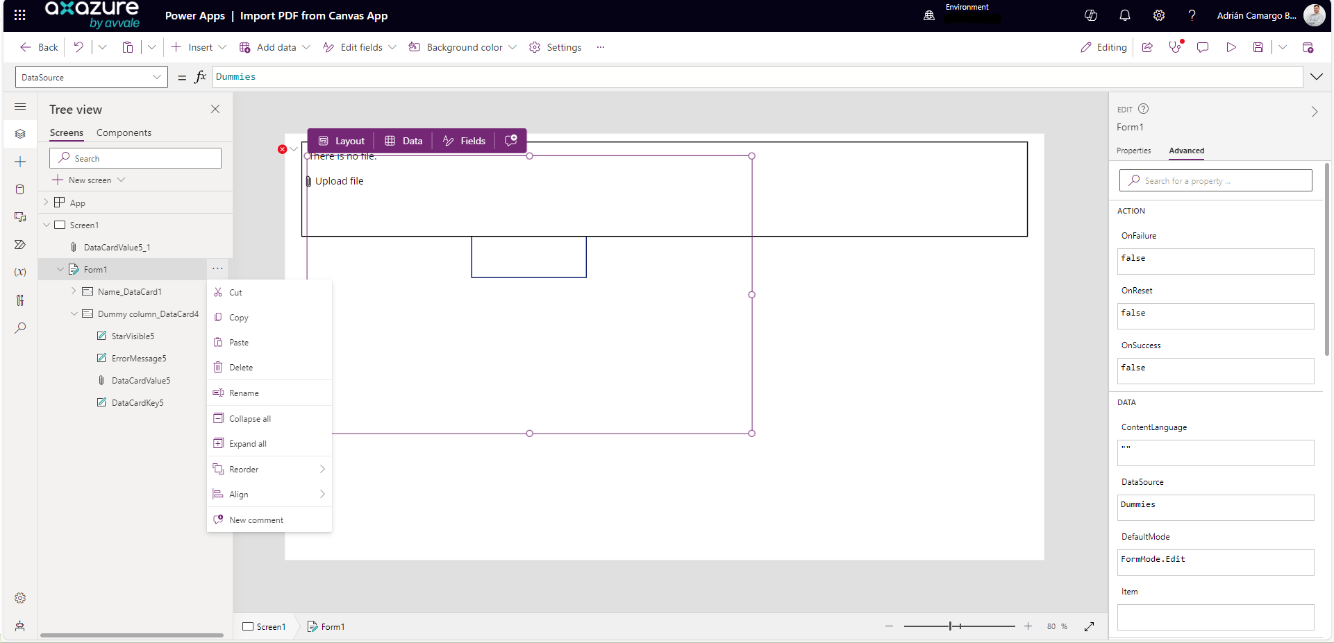 Importación de documentos PDF desde Canvas App Axazure